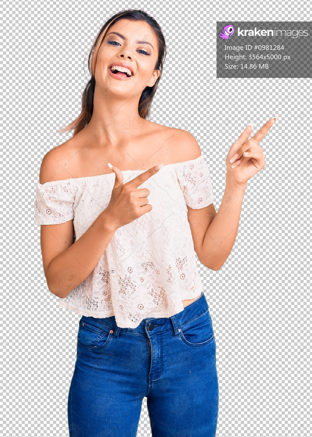 Young beautiful woman wearing casual clothes smiling and looking at the camera pointing with two hands and fingers to the side.