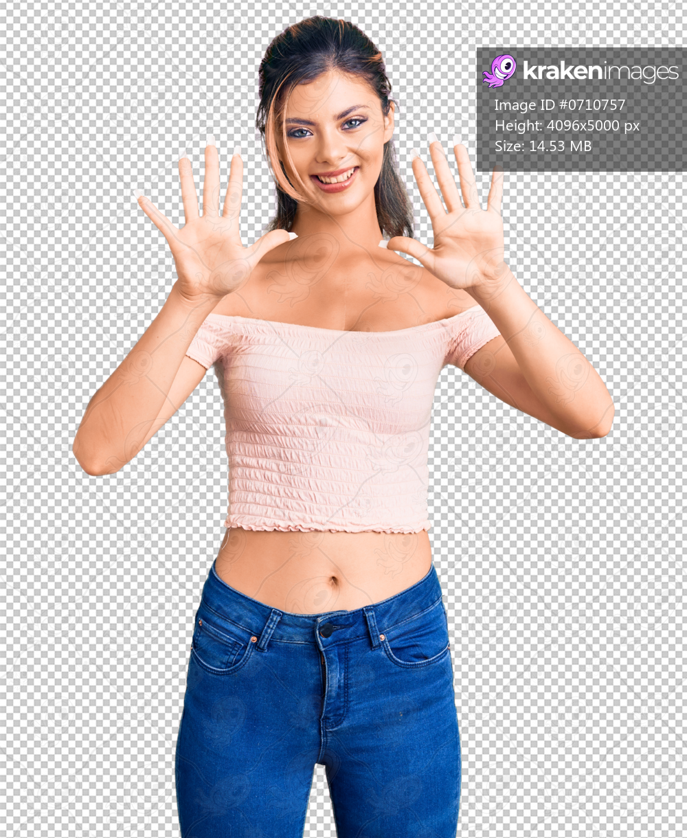 Young beautiful woman wearing casual clothes showing and pointing up with fingers number ten while smiling confident and happy.