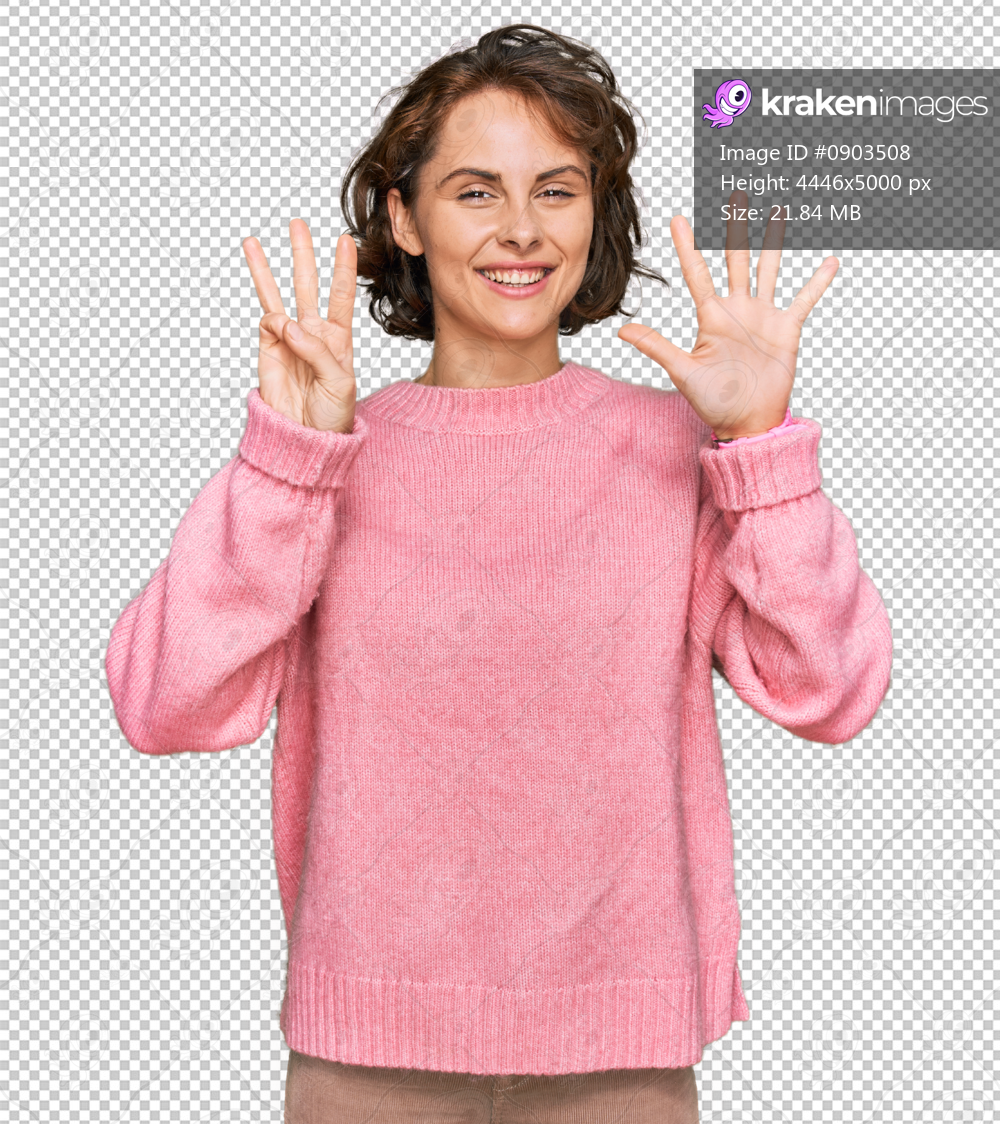 Young hispanic woman wearing casual clothes showing and pointing up with fingers number eight while smiling confident and happy.
