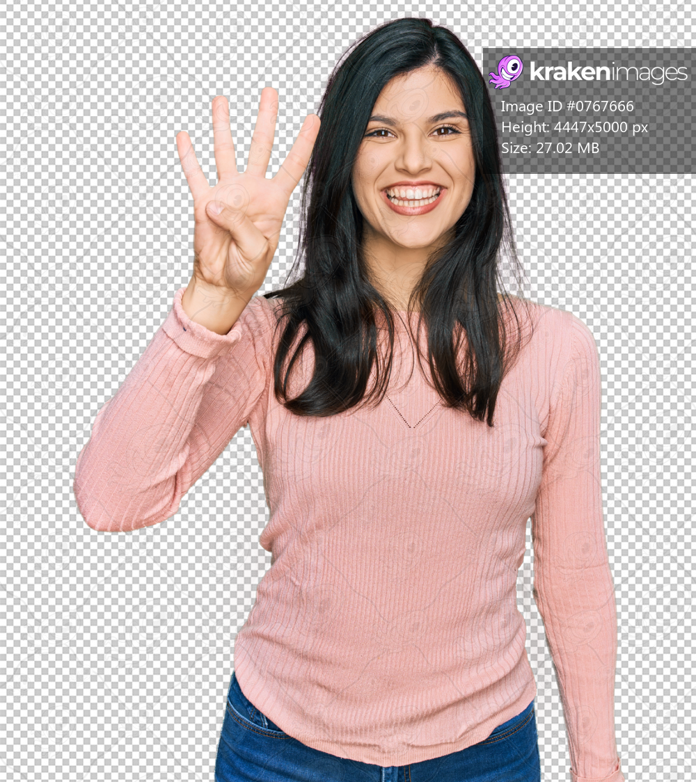 Young hispanic woman wearing casual clothes showing and pointing up with fingers number four while smiling confident and happy.