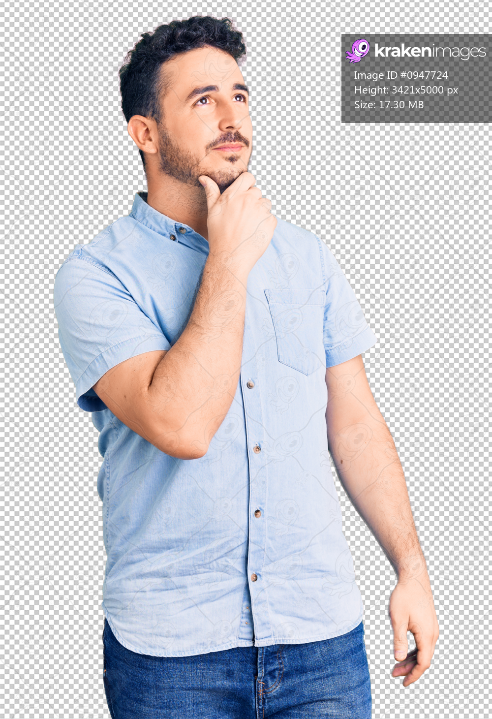 Young hispanic man wearing casual clothes serious face thinking about question with hand on chin, thoughtful about confusing idea