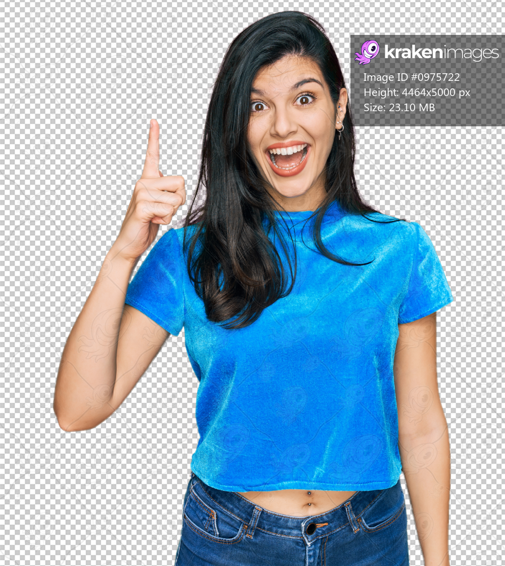 Young hispanic woman wearing casual clothes pointing finger up with successful idea. exited and happy. number one.