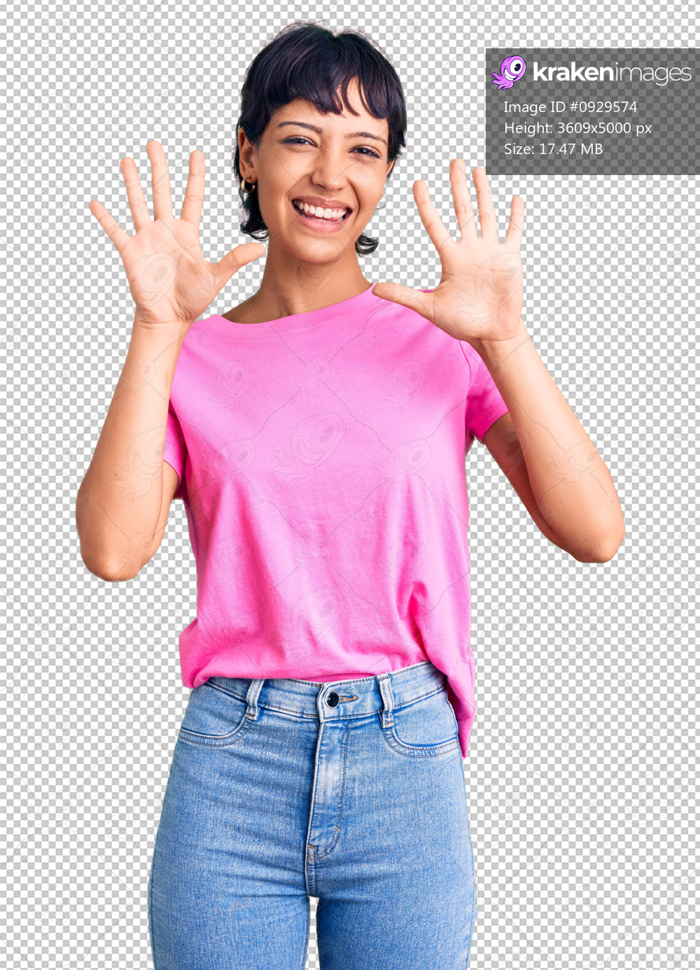 Young brunette woman with short hair wearing casual clothes showing and pointing up with fingers number ten while smiling confident and happy.
