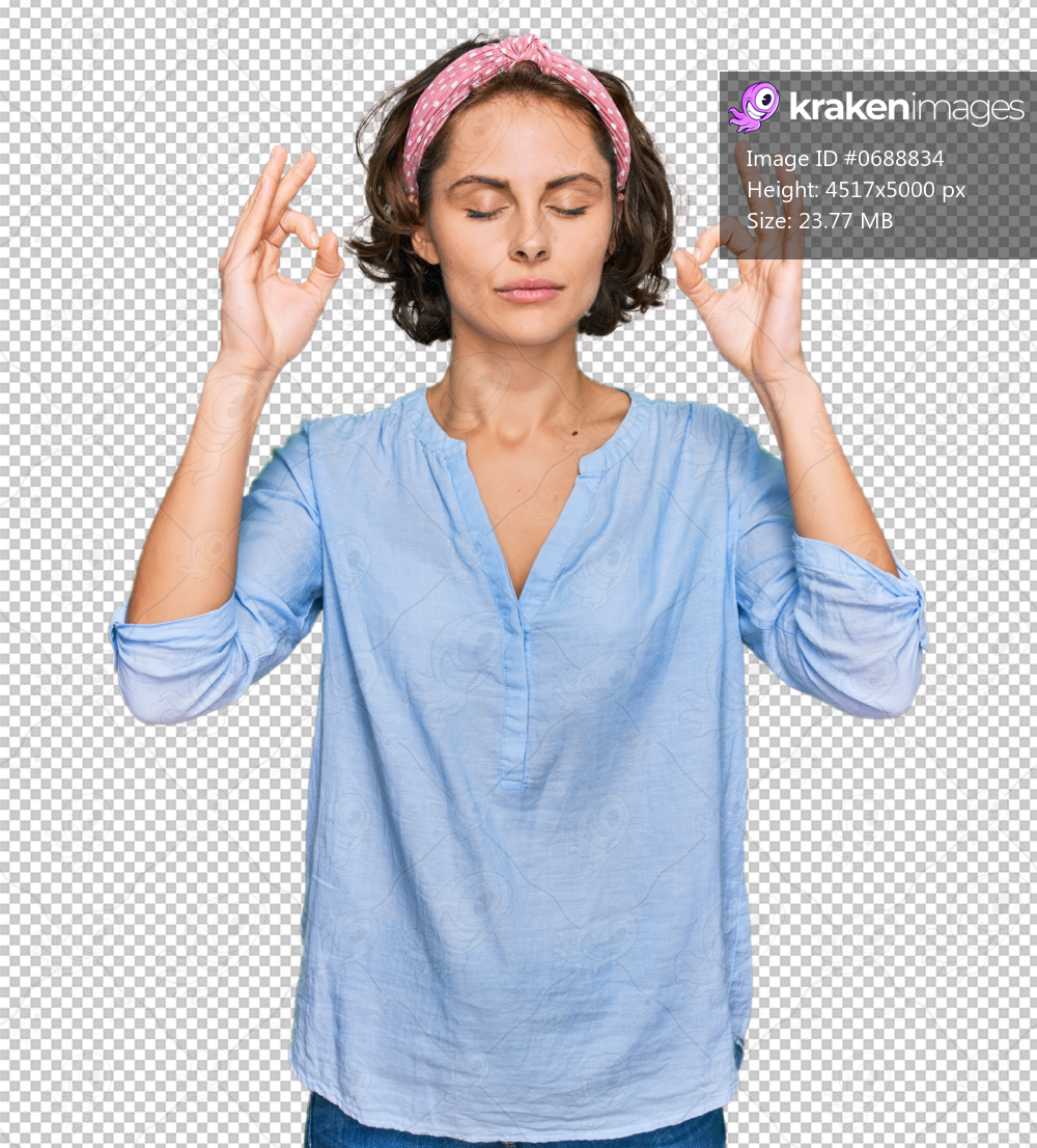 Young hispanic woman wearing casual clothes relax and smiling with eyes closed doing meditation gesture with fingers. yoga concept.