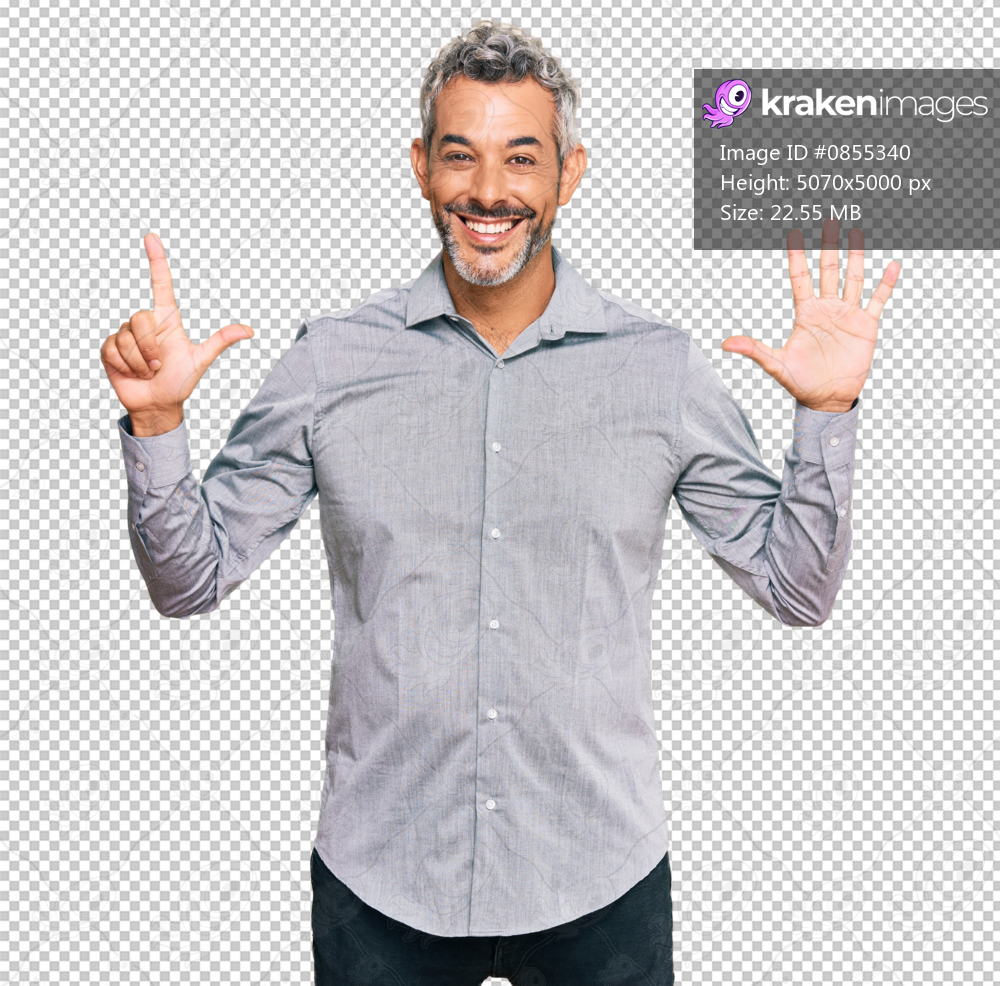 Middle age grey-haired man wearing casual clothes showing and pointing up with fingers number seven while smiling confident and happy.