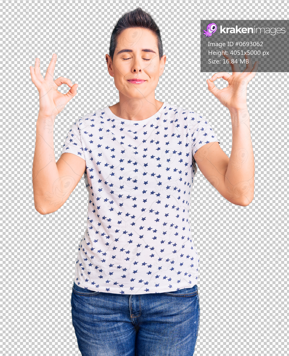 Young woman with short hair wearing casual clothes relax and smiling with eyes closed doing meditation gesture with fingers. yoga concept.
