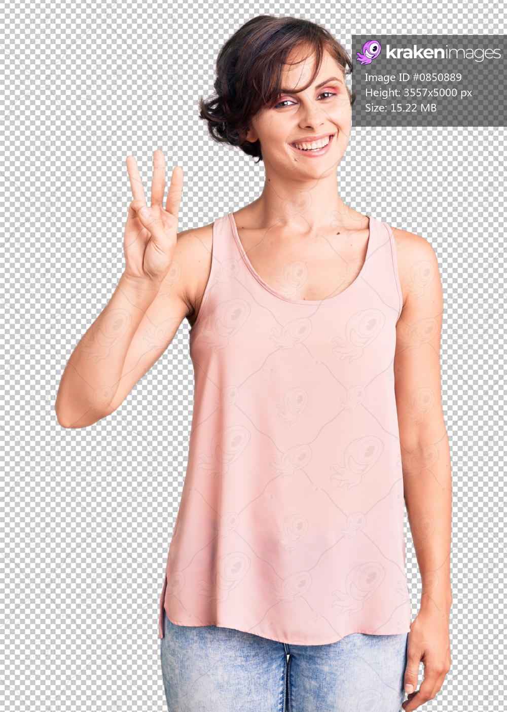 Beautiful young woman with short hair wearing casual style with sleeveless shirt showing and pointing up with fingers number three while smiling confident and happy.