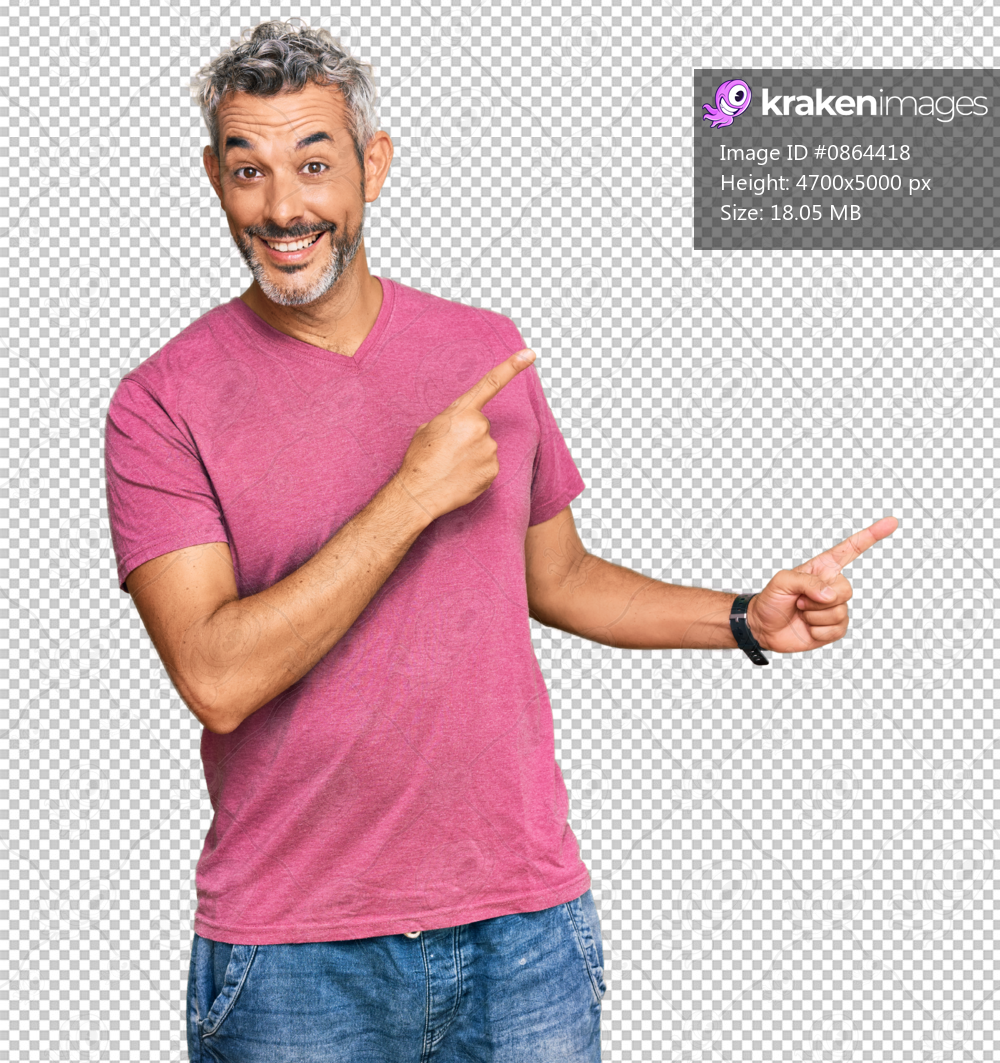 Middle age grey-haired man wearing casual clothes smiling and looking at the camera pointing with two hands and fingers to the side.
