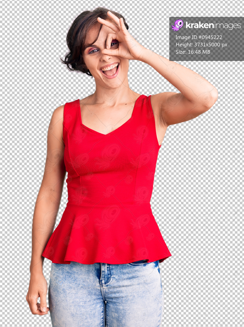 Beautiful young woman with short hair wearing casual style with sleeveless shirt doing ok gesture with hand smiling, eye looking through fingers with happy face.