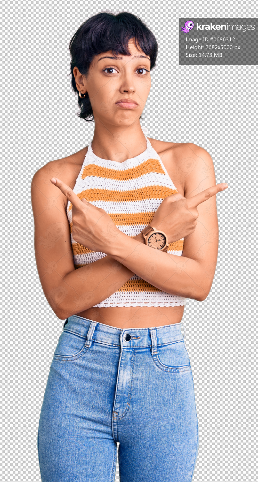 Young brunette woman with short hair wearing casual clothes pointing to both sides with fingers, different direction disagree