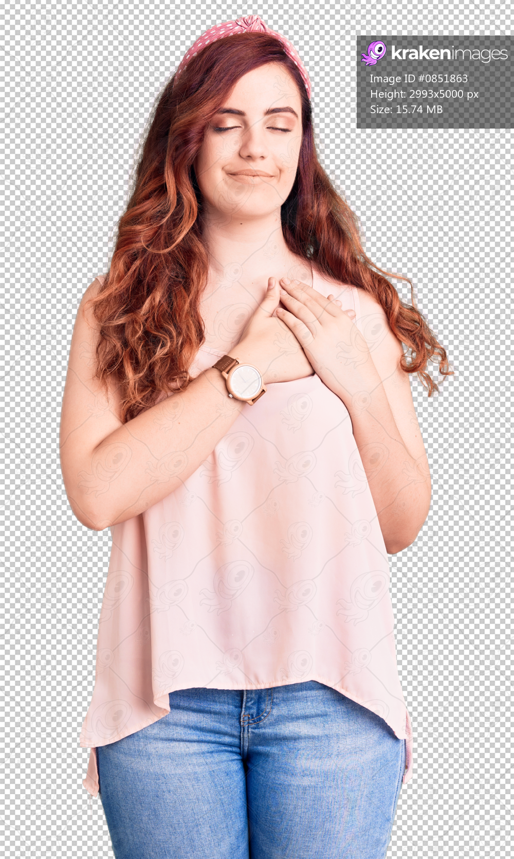Young beautiful woman wearing casual clothes and diadem smiling with hands on chest with closed eyes and grateful gesture on face. health concept.
