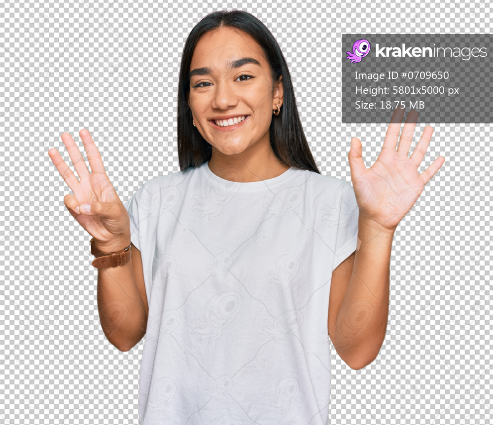 Young asian woman wearing casual white t shirt showing and pointing up with fingers number eight while smiling confident and happy.