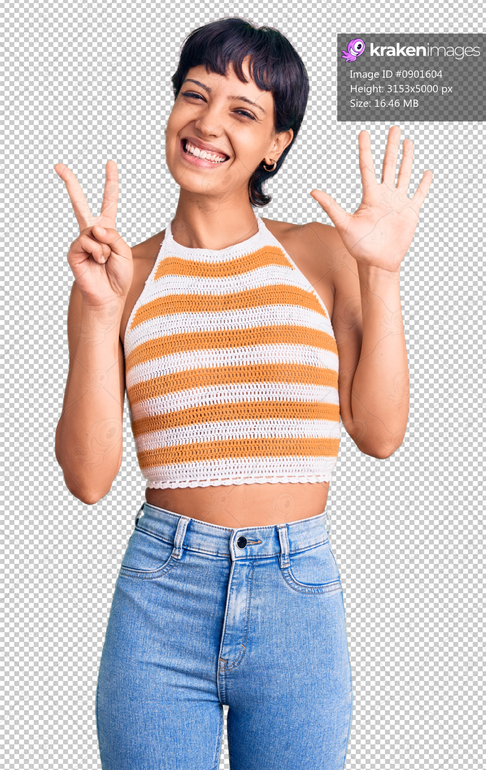 Young brunette woman with short hair wearing casual clothes showing and pointing up with fingers number seven while smiling confident and happy.