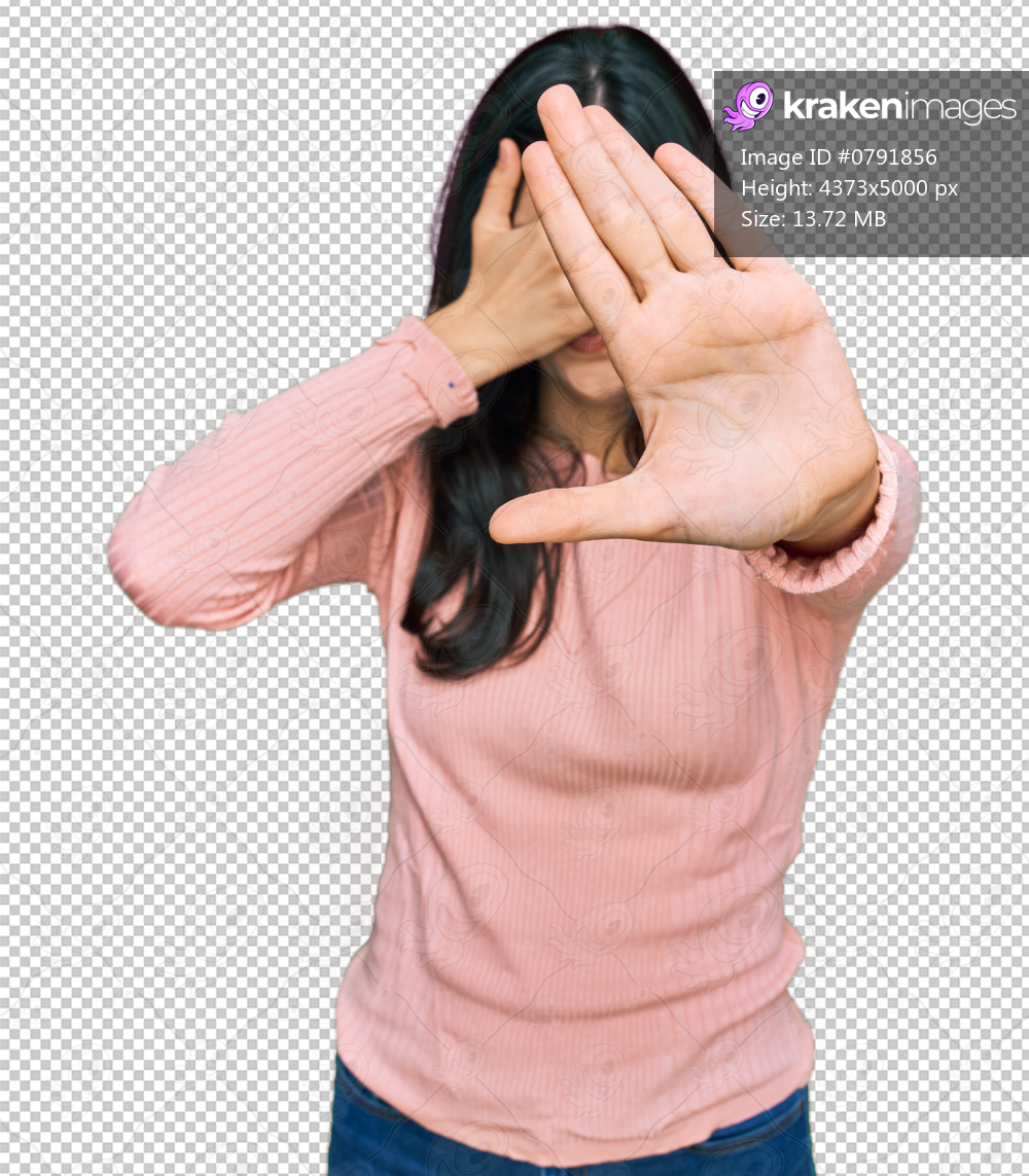 Young hispanic woman wearing casual clothes covering eyes with hands and doing stop gesture with sad and fear expression. embarrassed and negative concept.