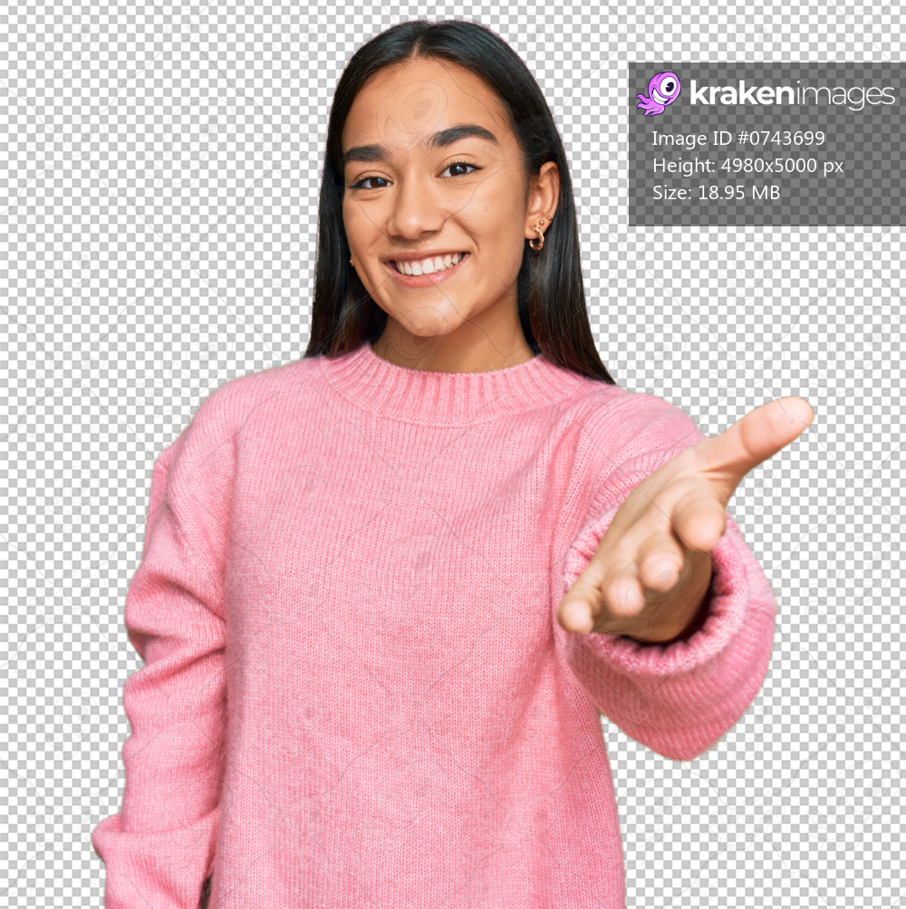 Young asian woman wearing casual winter sweater smiling cheerful offering palm hand giving assistance and acceptance.