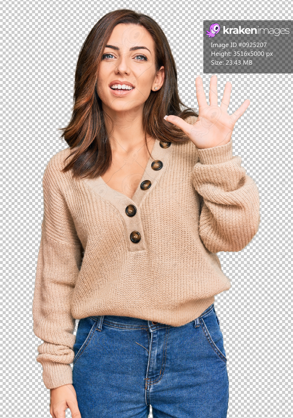 Young brunette woman wearing casual winter sweater showing and pointing up with fingers number five while smiling confident and happy.