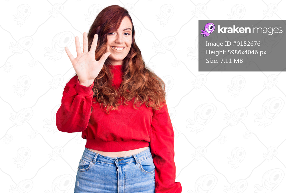 Young beautiful woman wearing casual winter sweater showing and pointing up with fingers number five while smiling confident and happy. 