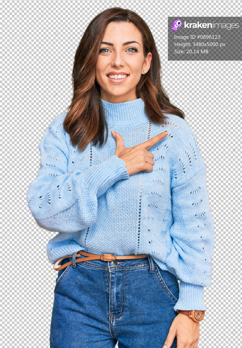 Young brunette woman wearing casual winter sweater cheerful with a smile on face pointing with hand and finger up to the side with happy and natural expression