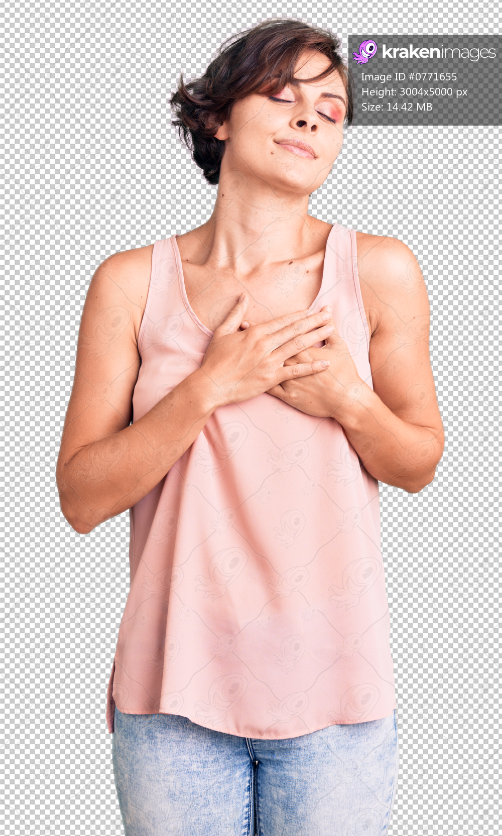 Beautiful young woman with short hair wearing casual style with sleeveless shirt smiling with hands on chest with closed eyes and grateful gesture on face. health concept.