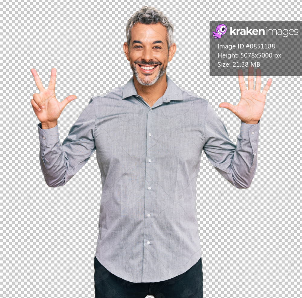 Middle age grey-haired man wearing casual clothes showing and pointing up with fingers number eight while smiling confident and happy.