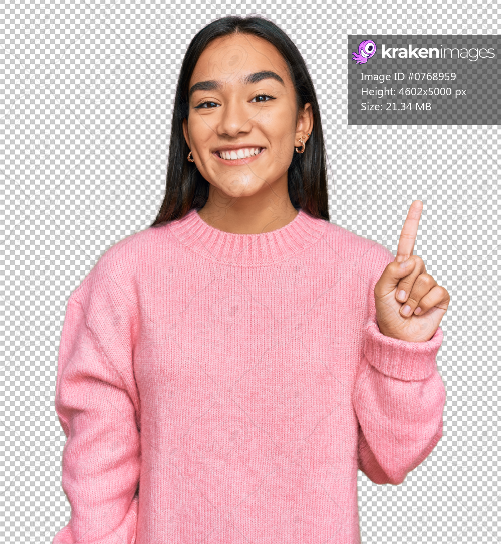 Young asian woman wearing casual winter sweater showing and pointing up with finger number one while smiling confident and happy.