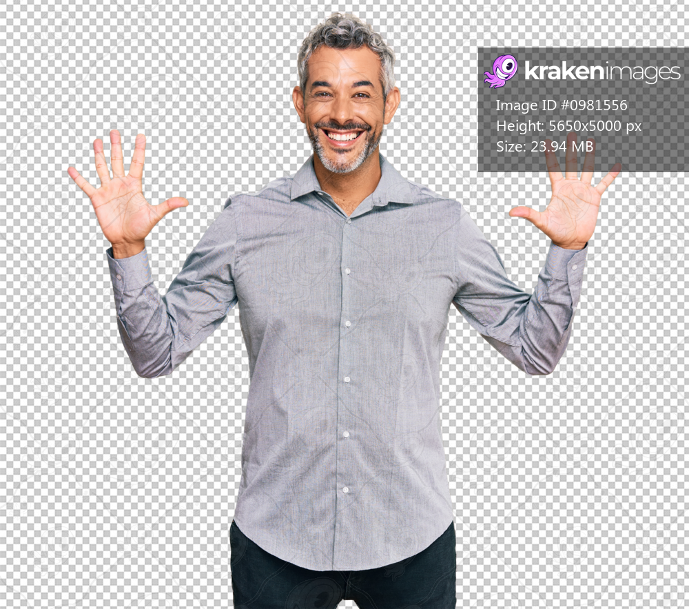 Middle age grey-haired man wearing casual clothes showing and pointing up with fingers number ten while smiling confident and happy.