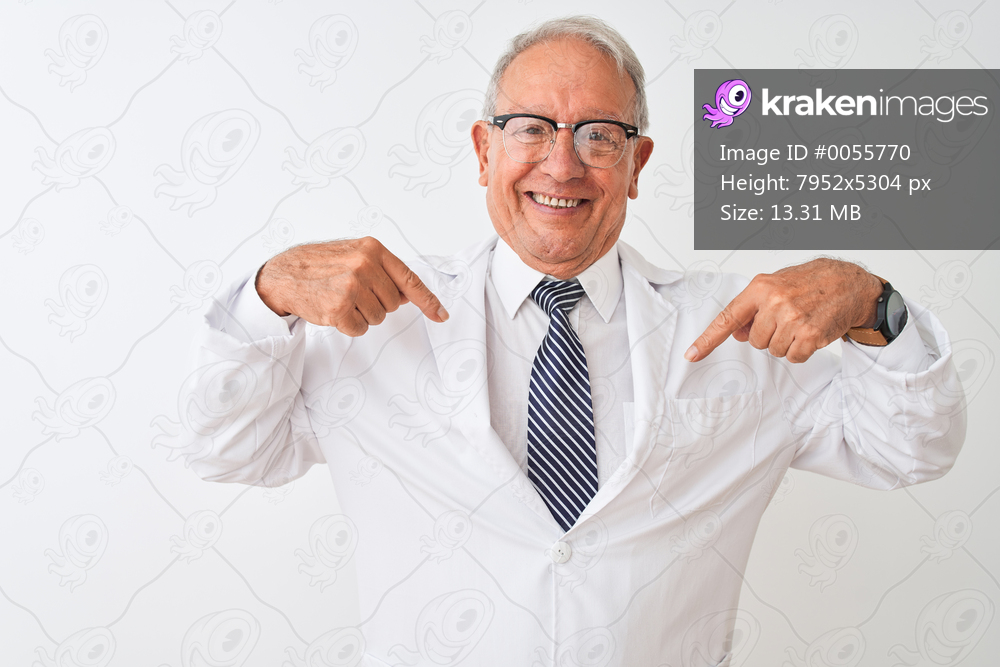 Senior grey-haired scientist man wearing coat standing over isolated white background looking confident with smile on face, pointing oneself with fingers proud and happy.