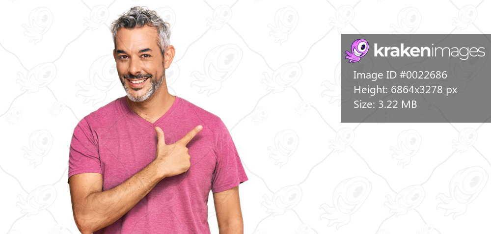 Middle age grey-haired man wearing casual clothes cheerful with a smile on face pointing with hand and finger up to the side with happy and natural expression 