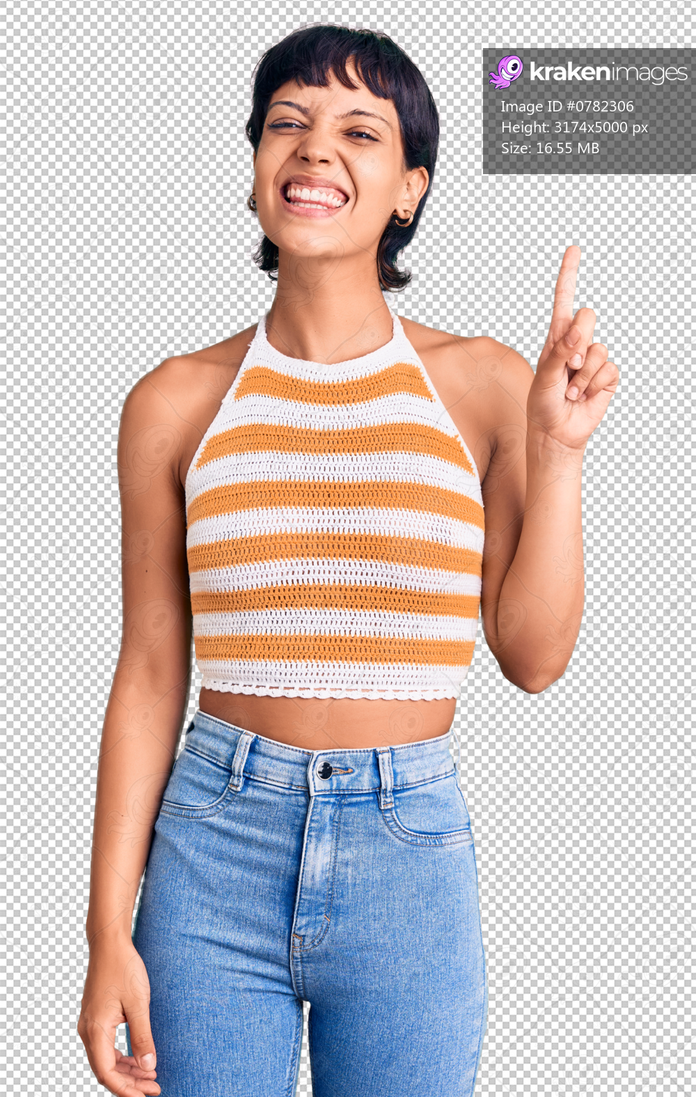 Young brunette woman with short hair wearing casual clothes showing and pointing up with finger number one while smiling confident and happy.