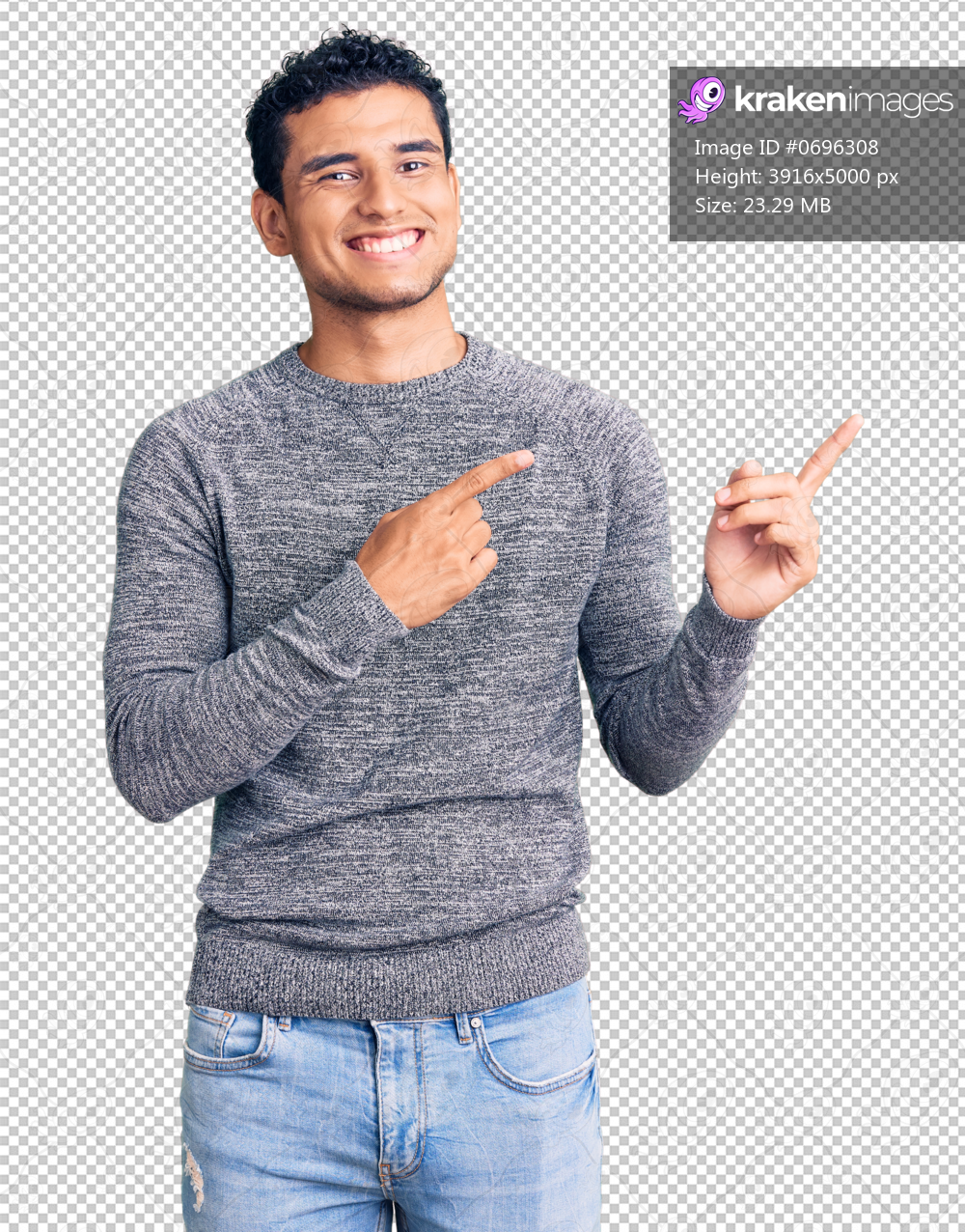 Hispanic handsome young man wearing casual sweater smiling and looking at the camera pointing with two hands and fingers to the side.