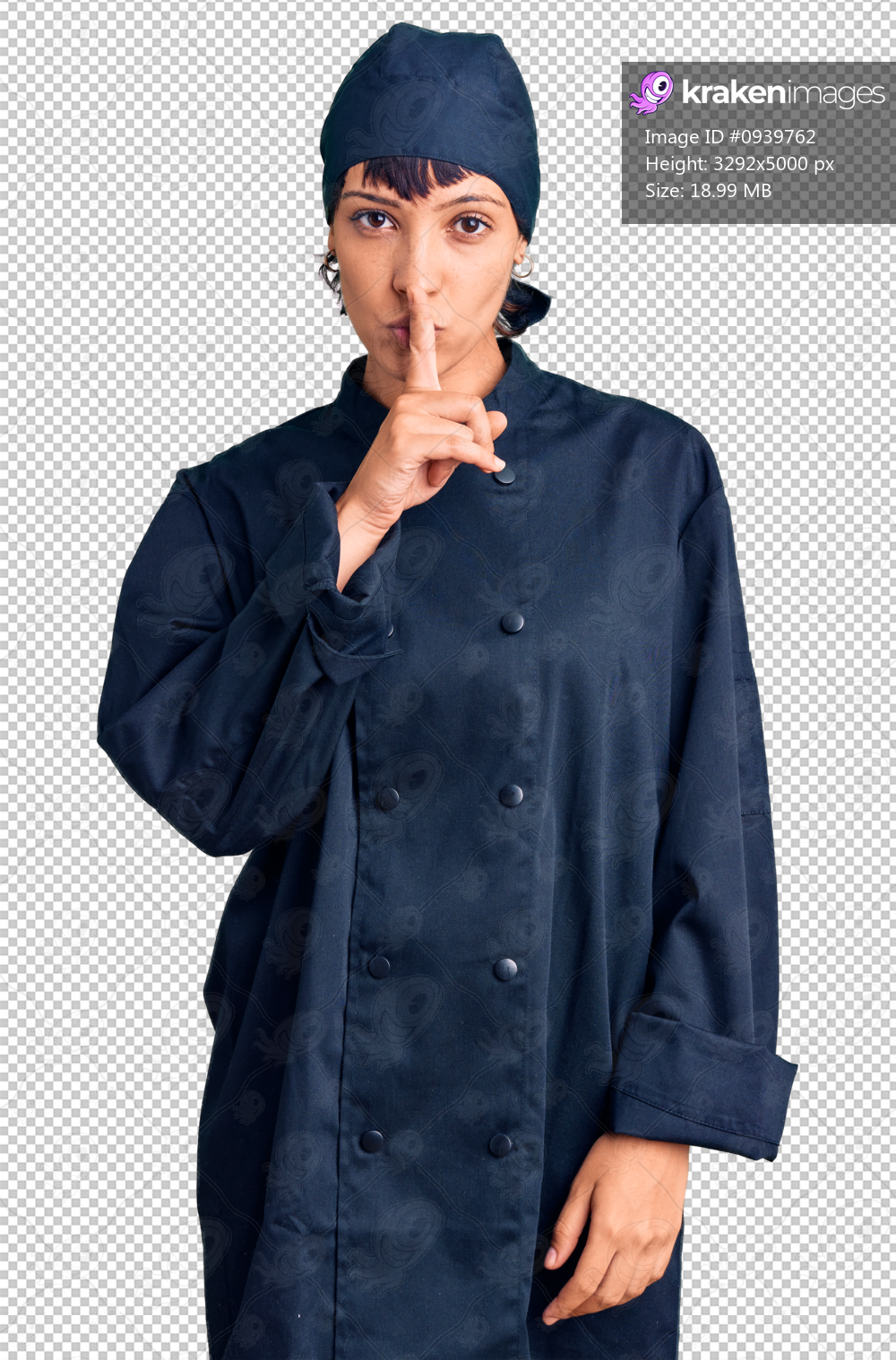 Young brunette woman with short hair wearing professional cook uniform asking to be quiet with finger on lips. silence and secret concept.