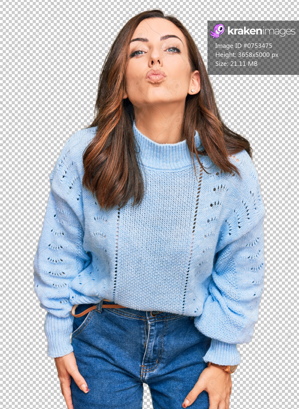 Young brunette woman wearing casual winter sweater looking at the camera blowing a kiss on air being lovely and sexy. love expression.