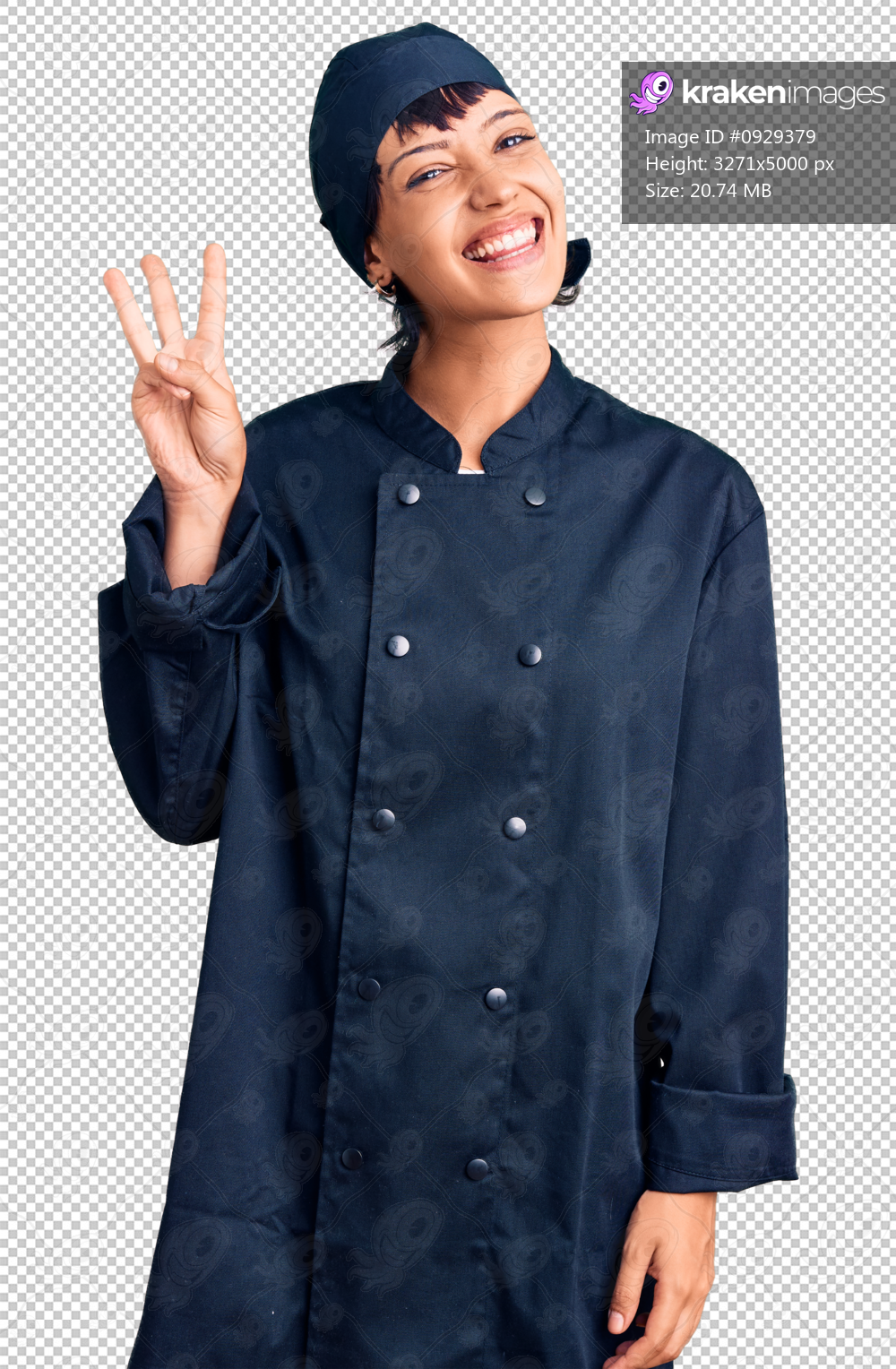 Young brunette woman with short hair wearing professional cook uniform showing and pointing up with fingers number three while smiling confident and happy.