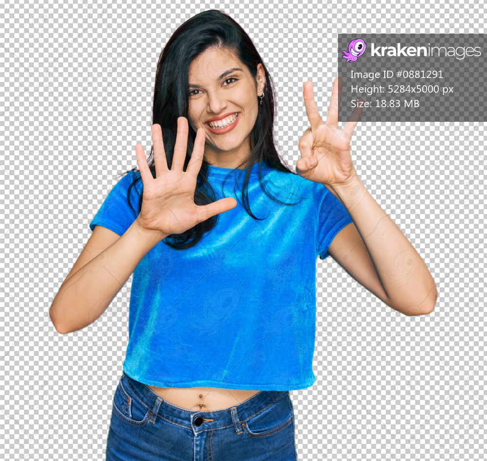 Young hispanic woman wearing casual clothes showing and pointing up with fingers number eight while smiling confident and happy.