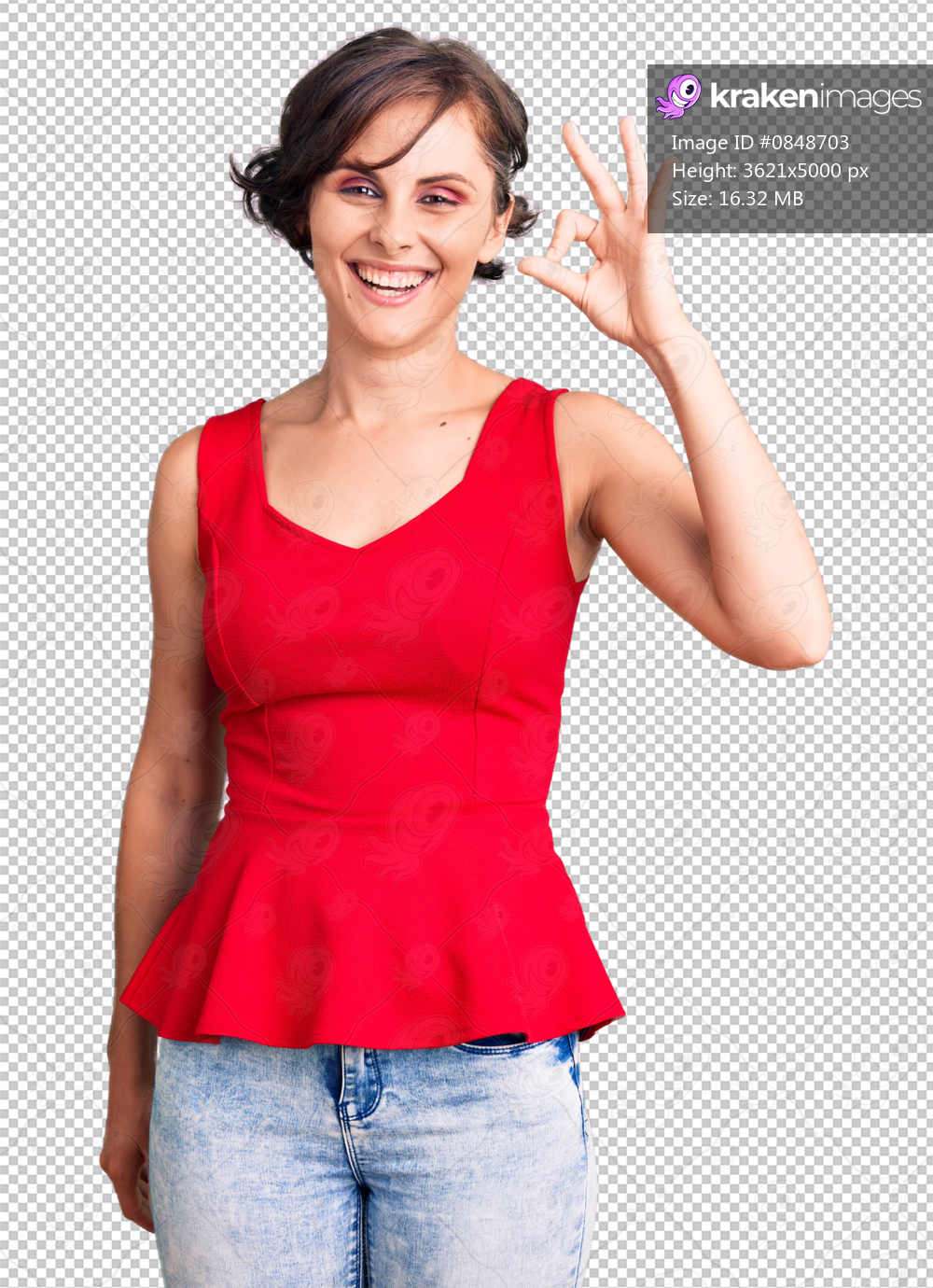 Beautiful young woman with short hair wearing casual style with sleeveless shirt smiling positive doing ok sign with hand and fingers. successful expression.