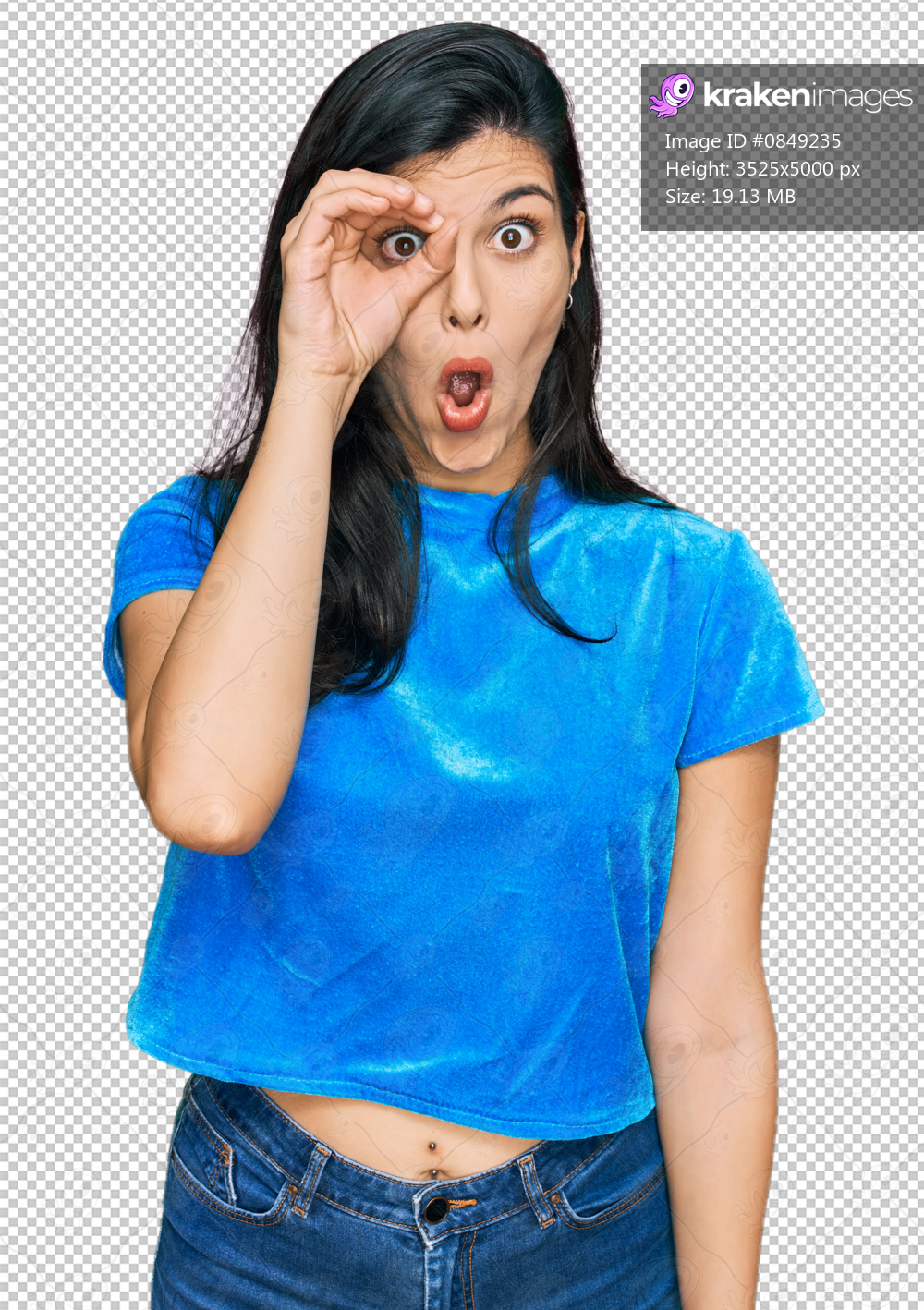 Young hispanic woman wearing casual clothes doing ok gesture shocked with surprised face, eye looking through fingers. unbelieving expression.