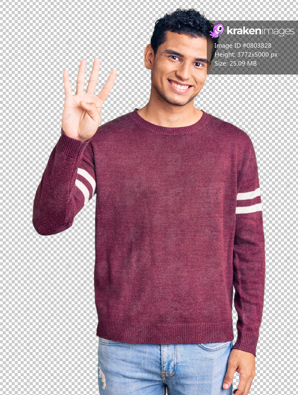 Hispanic handsome young man wearing casual clothes showing and pointing up with fingers number four while smiling confident and happy.