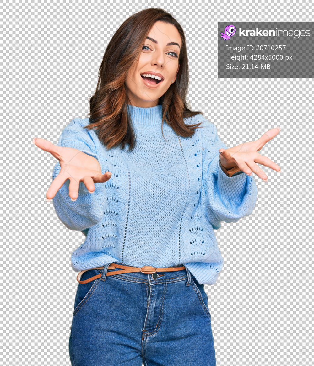 Young brunette woman wearing casual winter sweater smiling cheerful offering hands giving assistance and acceptance.