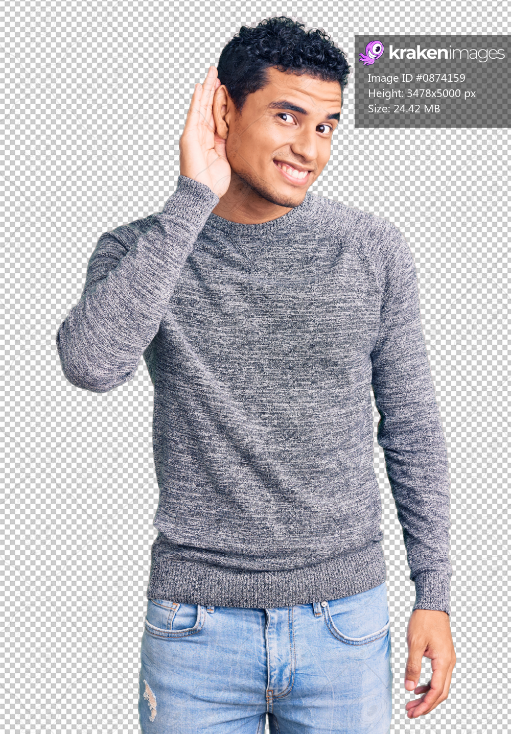 Hispanic handsome young man wearing casual sweater smiling with hand over ear listening an hearing to rumor or gossip. deafness concept.