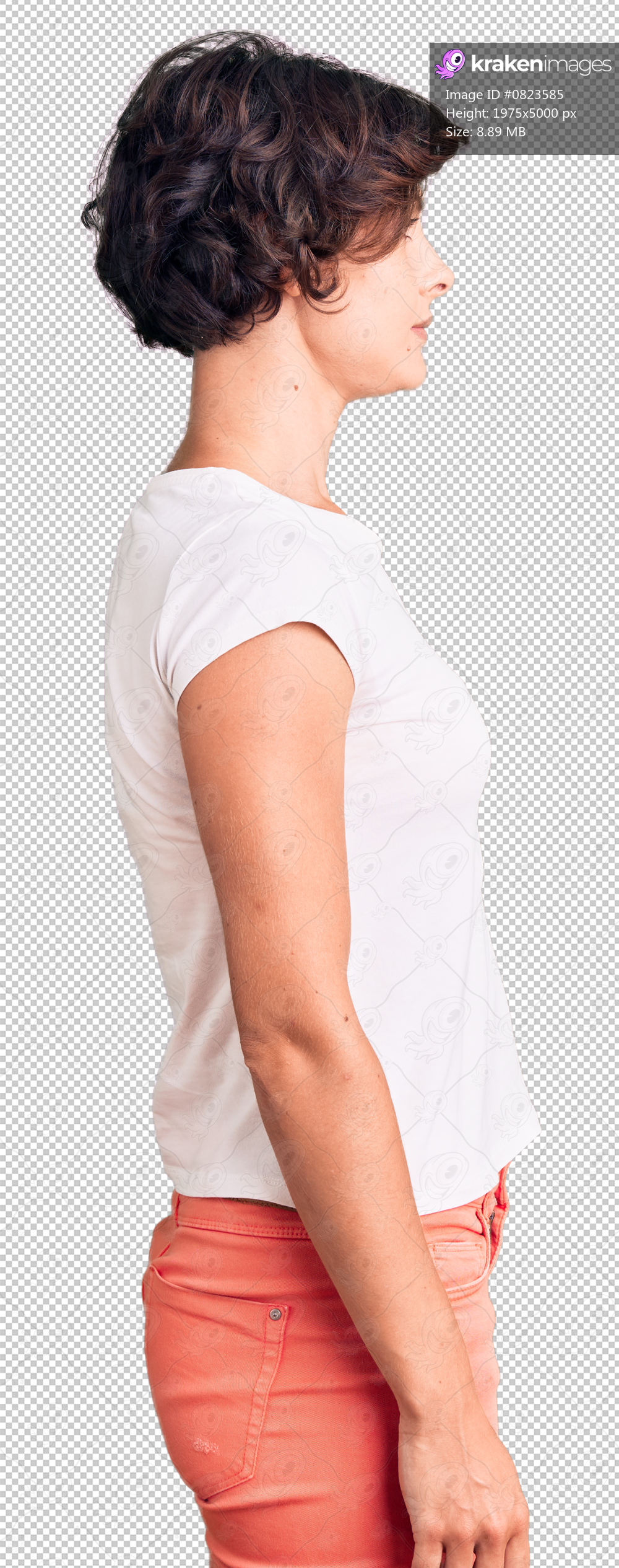 Beautiful young woman with short hair wearing casual clothes looking to side, relax profile pose with natural face with confident smile.