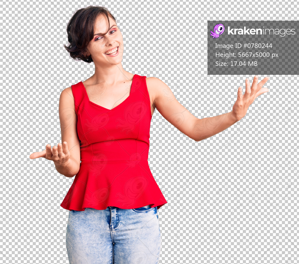 Beautiful young woman with short hair wearing casual style with sleeveless shirt smiling cheerful offering hands giving assistance and acceptance.