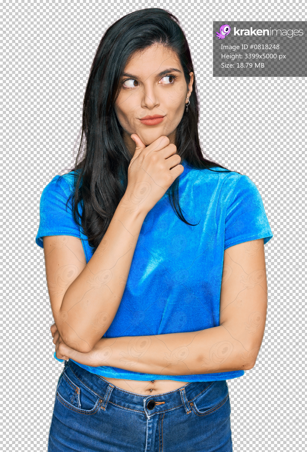Young hispanic woman wearing casual clothes with hand on chin thinking about question, pensive expression. smiling with thoughtful face. doubt concept.