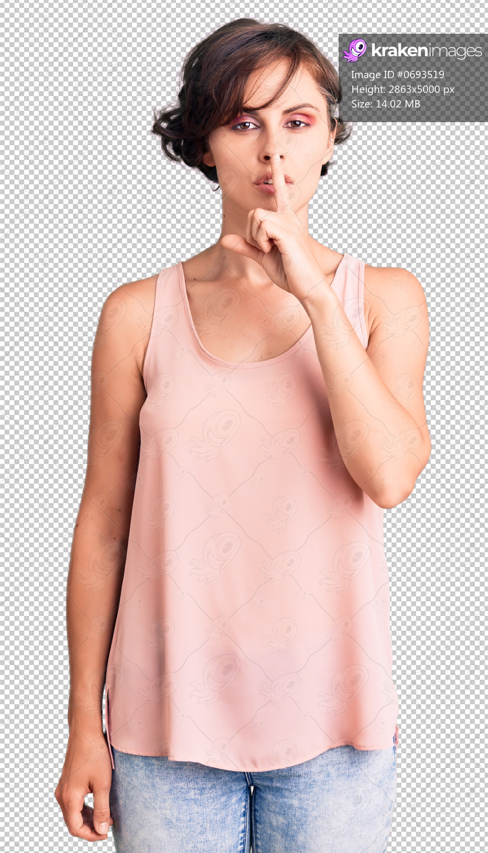 Beautiful young woman with short hair wearing casual style with sleeveless shirt asking to be quiet with finger on lips. silence and secret concept.