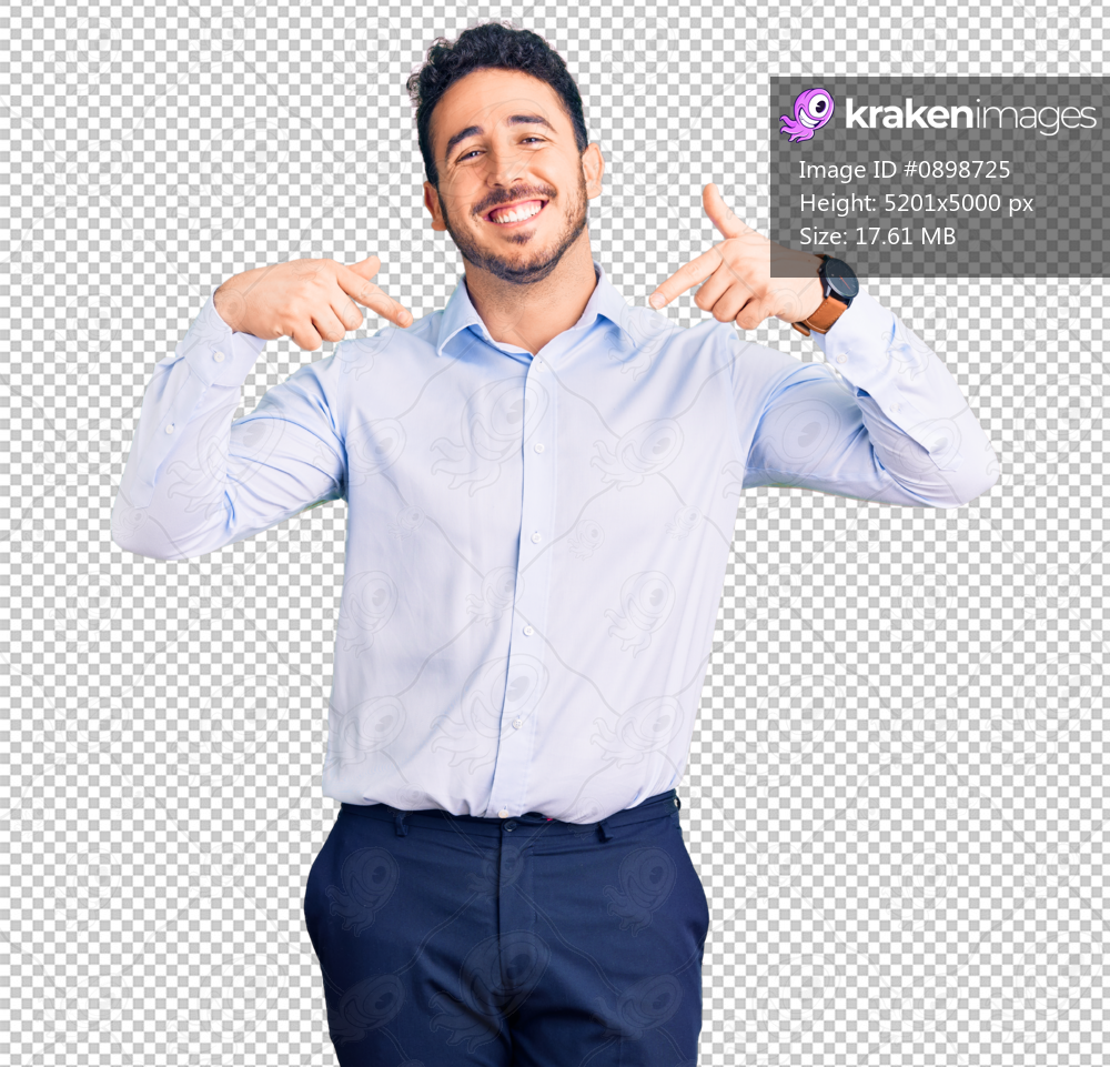 Young hispanic man wearing business clothes looking confident with smile on face, pointing oneself with fingers proud and happy.