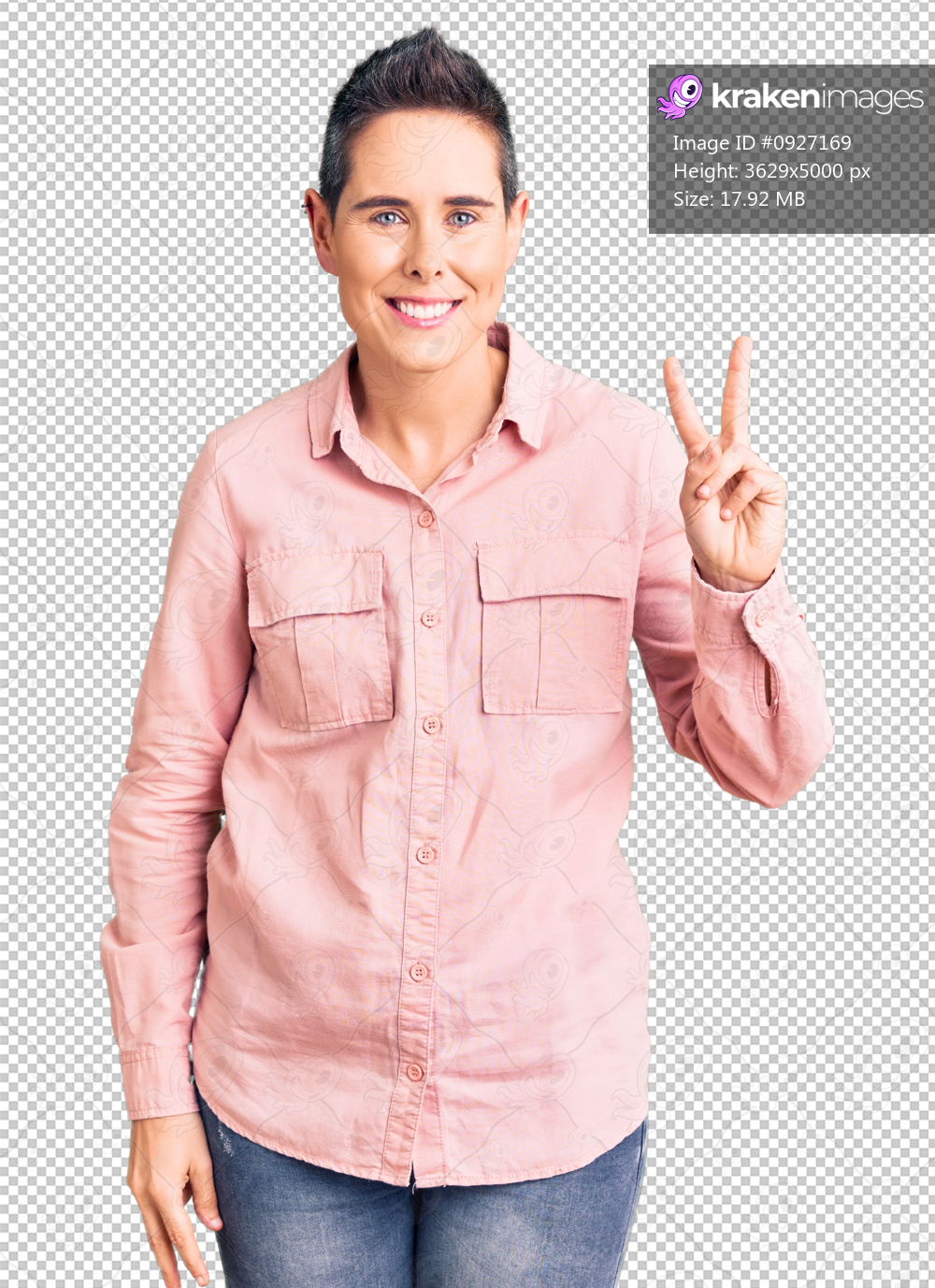 Young woman with short hair wearing casual clothes smiling looking to the camera showing fingers doing victory sign. number two.