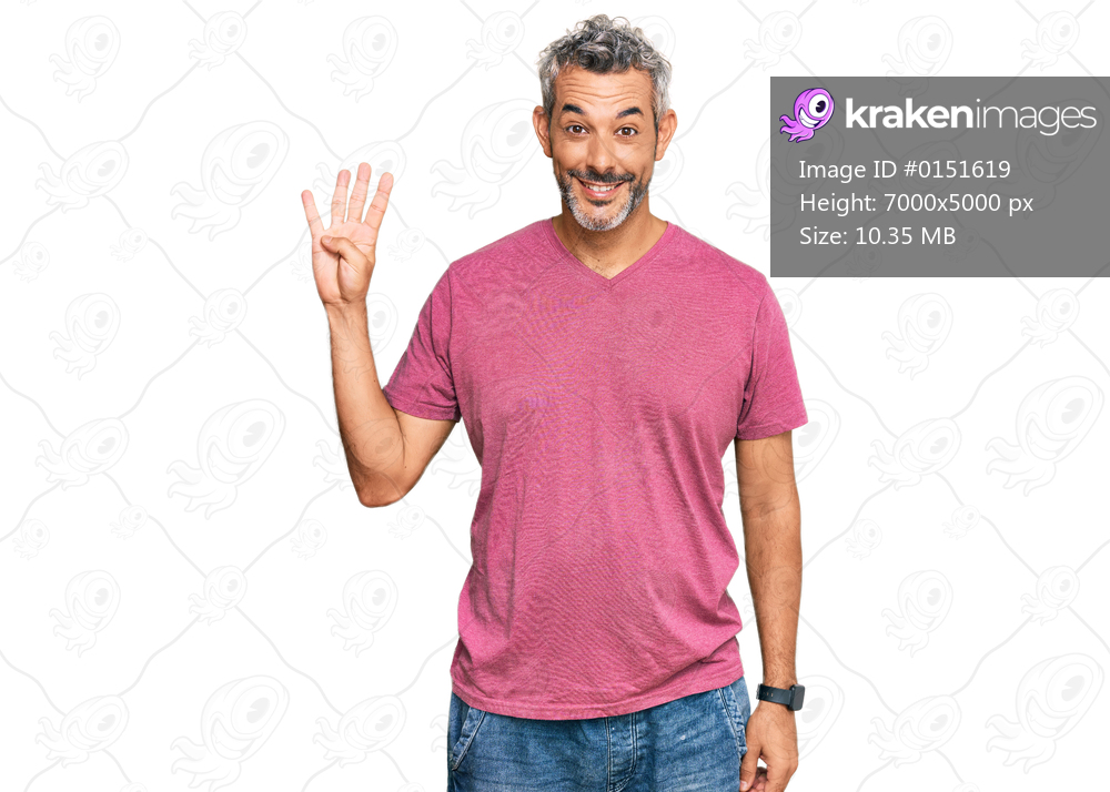 Middle age grey-haired man wearing casual clothes showing and pointing up with fingers number four while smiling confident and happy. 