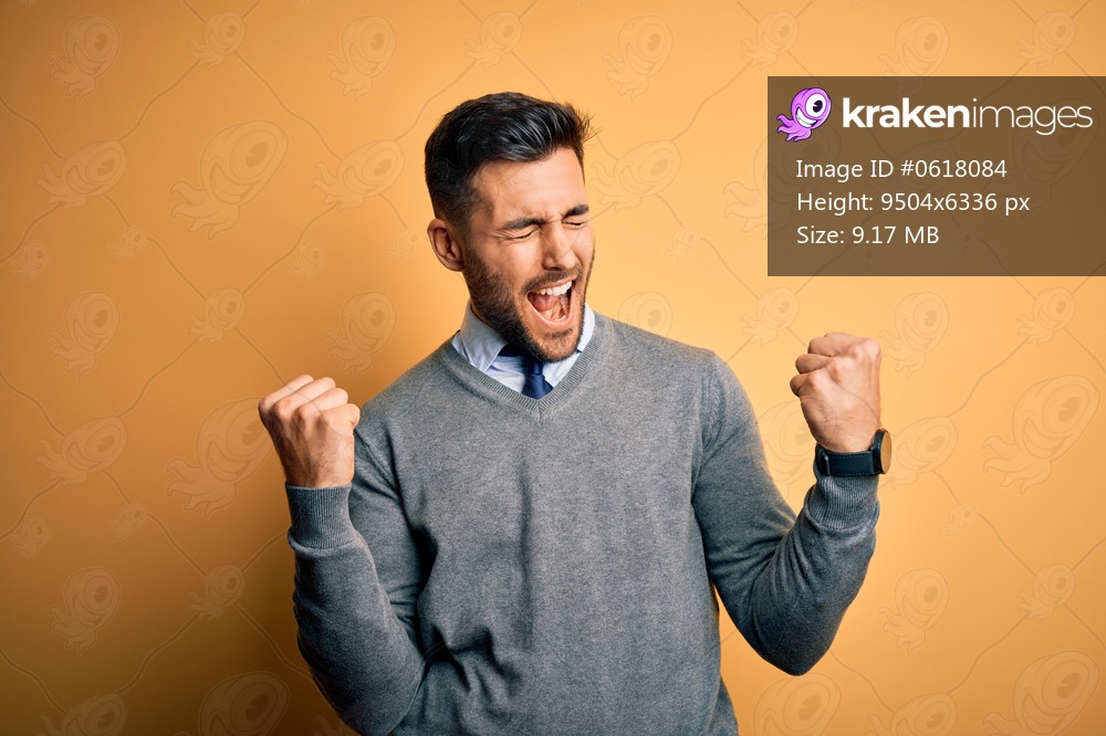Young handsome businessman wearing elegant sweater and tie over yellow background very happy and excited doing winner gesture with arms raised, smiling and screaming for success. Celebration concept.