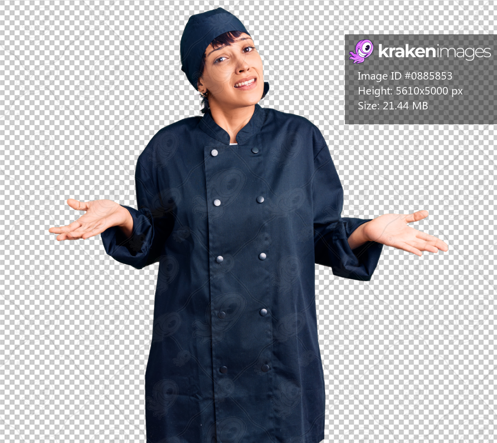 Young brunette woman with short hair wearing professional cook uniform clueless and confused expression with arms and hands raised. doubt concept.
