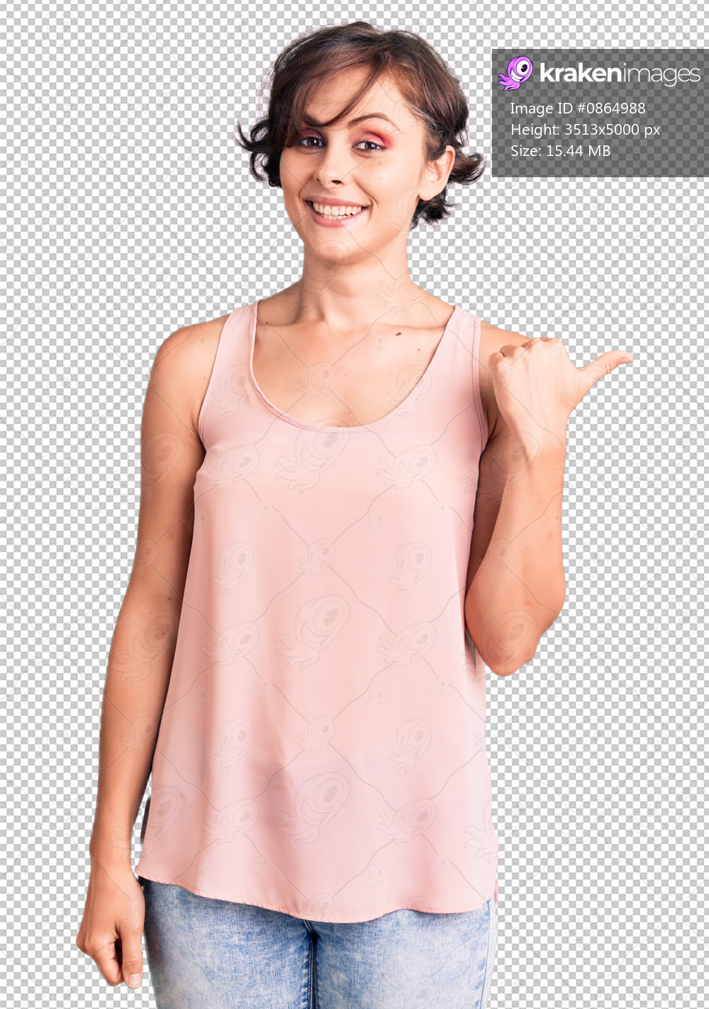 Beautiful young woman with short hair wearing casual style with sleeveless shirt smiling with happy face looking and pointing to the side with thumb up.