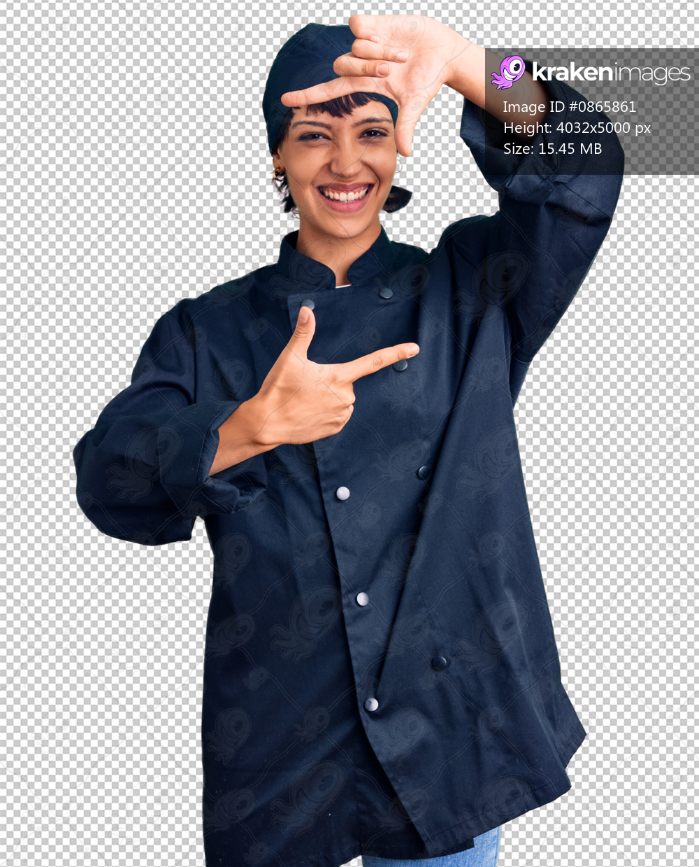 Young brunette woman with short hair wearing professional cook uniform smiling making frame with hands and fingers with happy face. creativity and photography concept.